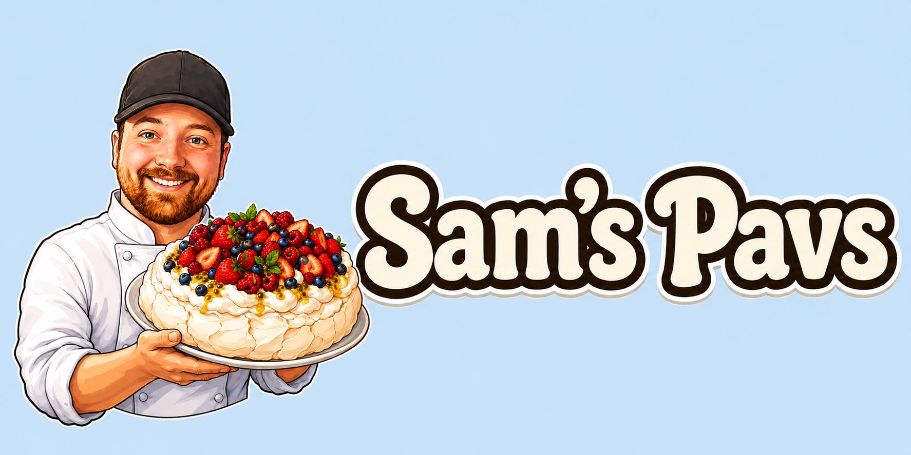 Sam's Pavs founder holding a fruit pavlova